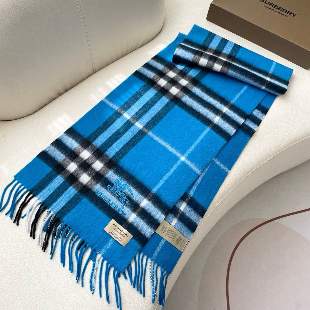 BURBERRY CHECK SCARF 180 CM IN AZURE BLUE MIX BLACK CASHMERE 405481
