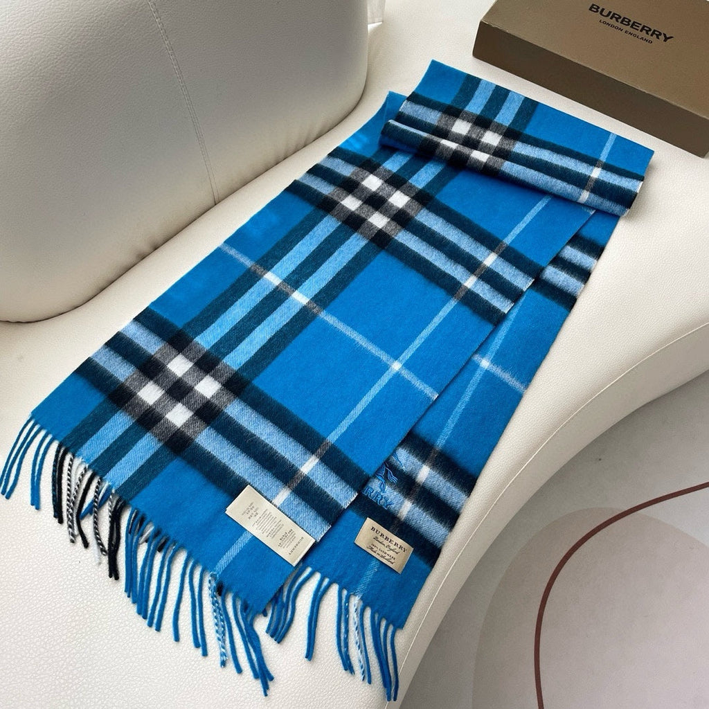 BURBERRY CHECK SCARF 180 CM IN AZURE BLUE MIX BLACK CASHMERE 405481