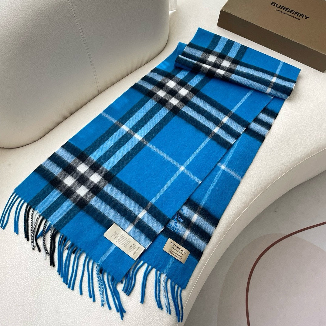 BURBERRY CHECK SCARF 180 CM IN AZURE BLUE MIX BLACK CASHMERE 405481
