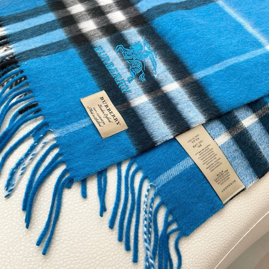 BURBERRY CHECK SCARF 180 CM IN AZURE BLUE MIX BLACK CASHMERE 405481