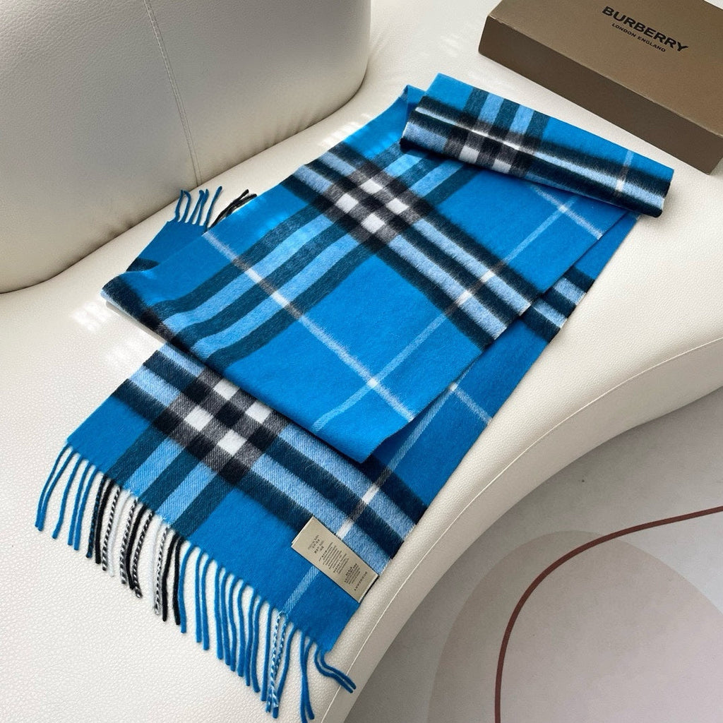 BURBERRY CHECK SCARF 180 CM IN AZURE BLUE MIX BLACK CASHMERE 405481