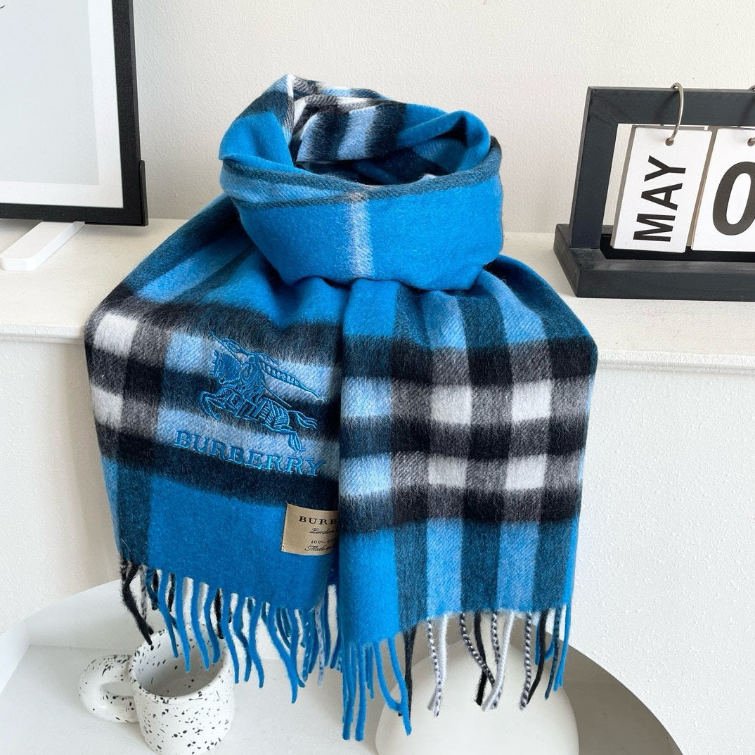 BURBERRY CHECK SCARF 180 CM IN AZURE BLUE MIX BLACK CASHMERE 405481