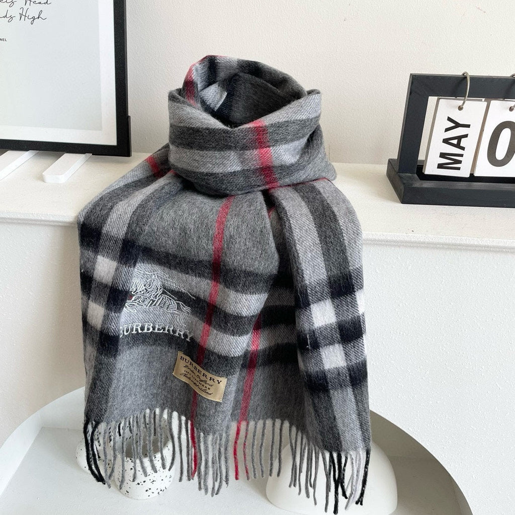BURBERRY CHECK SCARF 180 CM IN SMOKE GRAY MIX BLACK CASHMERE 405482