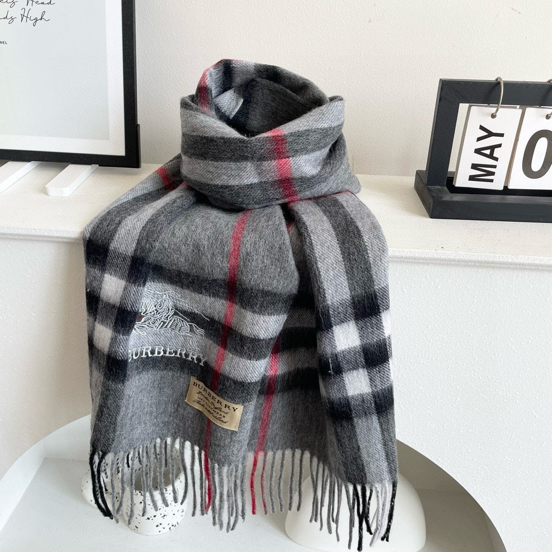 BURBERRY CHECK SCARF 180 CM IN SMOKE GRAY MIX BLACK CASHMERE 405482