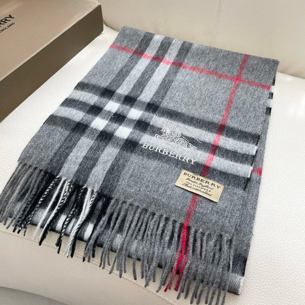 BURBERRY CHECK SCARF 180 CM IN SMOKE GRAY MIX BLACK CASHMERE 405482