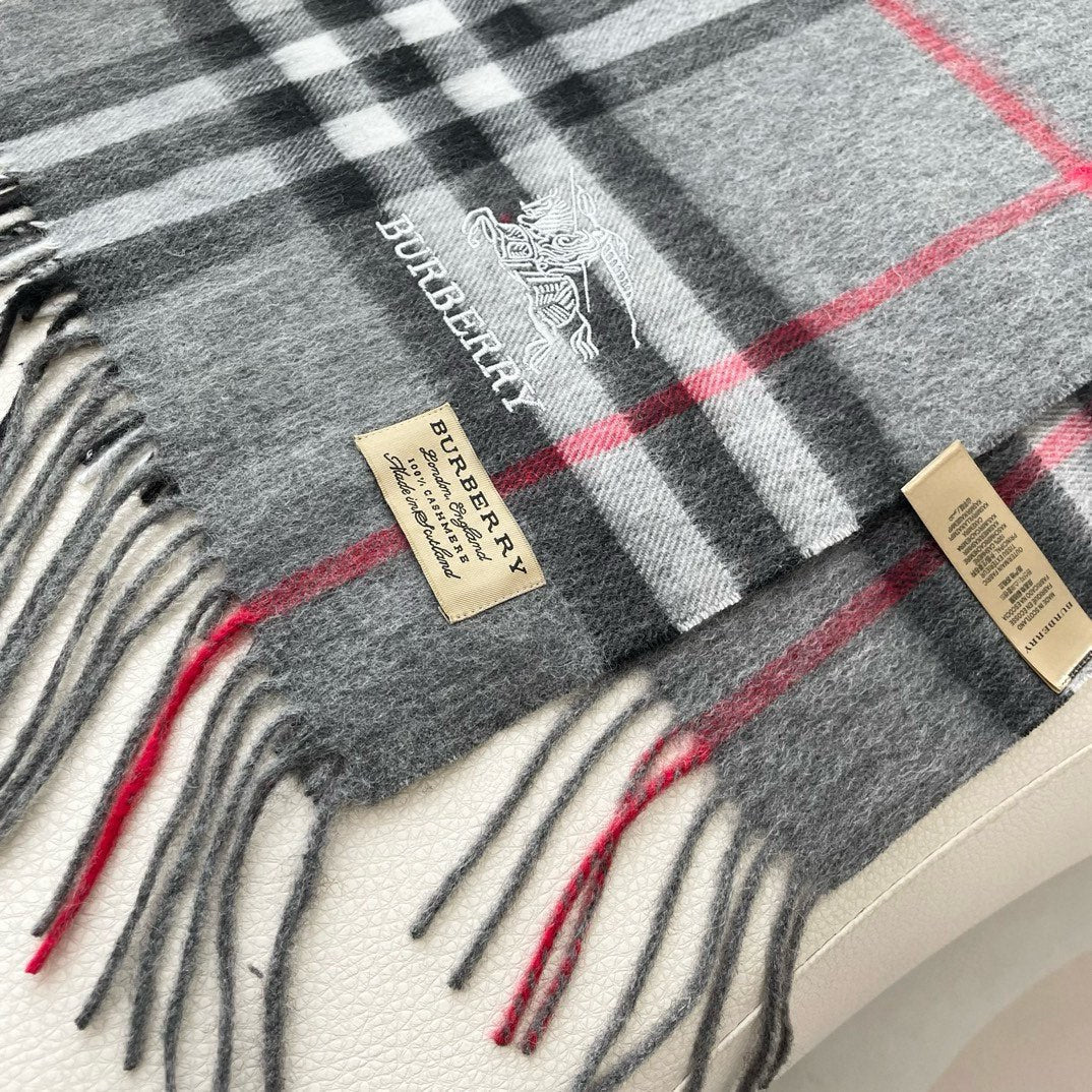 BURBERRY CHECK SCARF 180 CM IN SMOKE GRAY MIX BLACK CASHMERE 405482