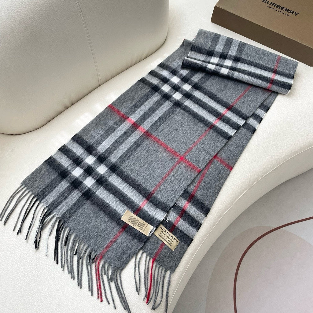 BURBERRY CHECK SCARF 180 CM IN SMOKE GRAY MIX BLACK CASHMERE 405482