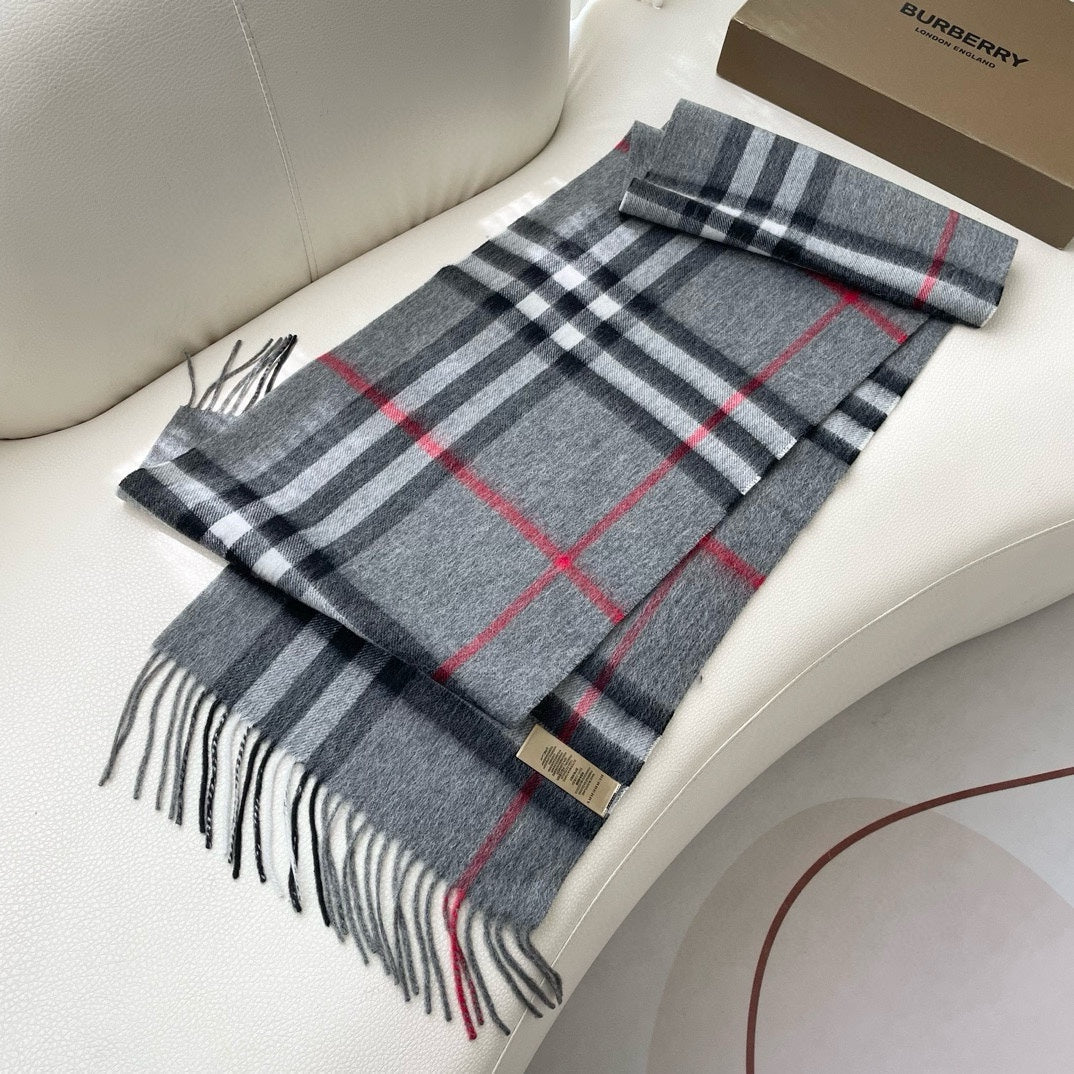 BURBERRY CHECK SCARF 180 CM IN SMOKE GRAY MIX BLACK CASHMERE 405482