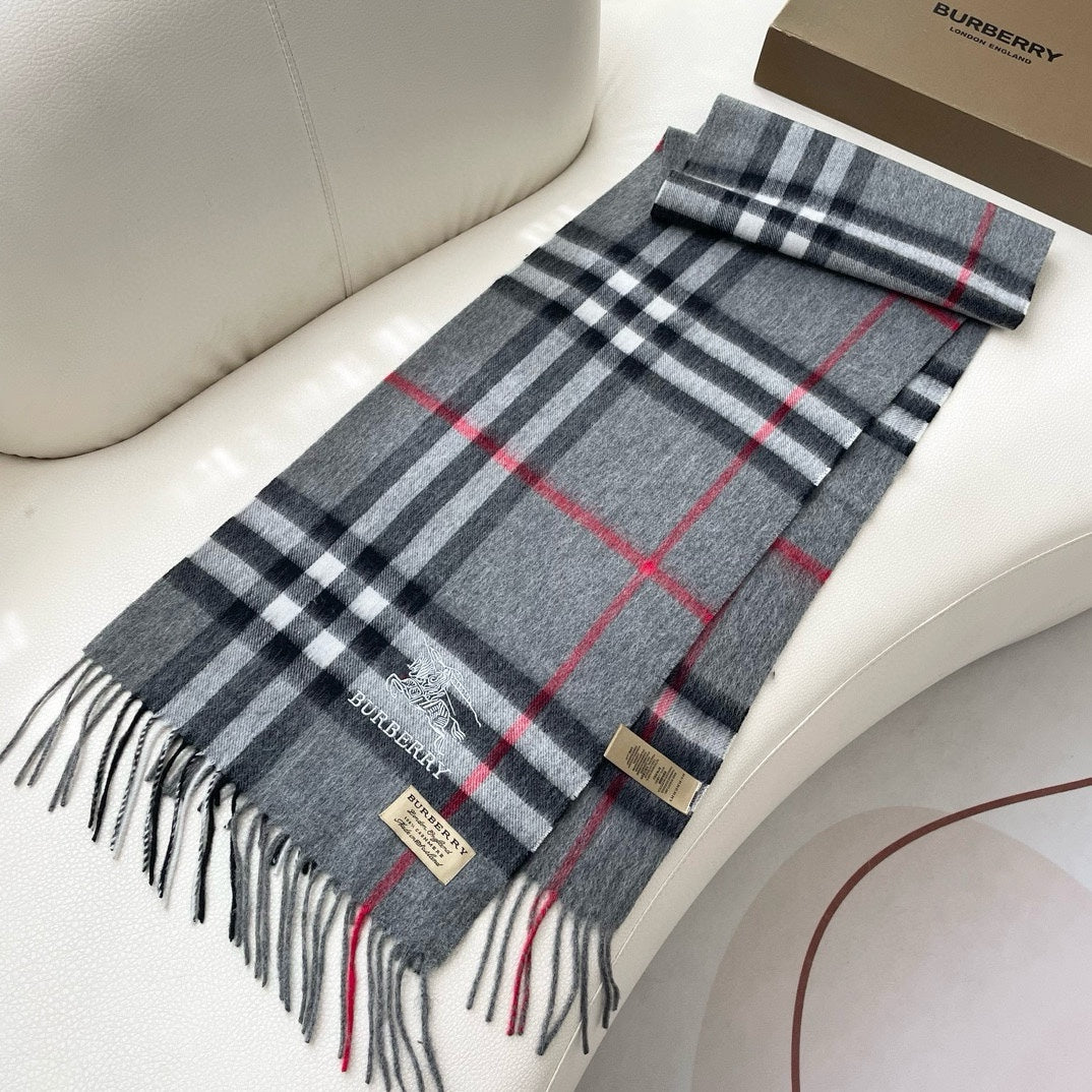 BURBERRY CHECK SCARF 180 CM IN SMOKE GRAY MIX BLACK CASHMERE 405482