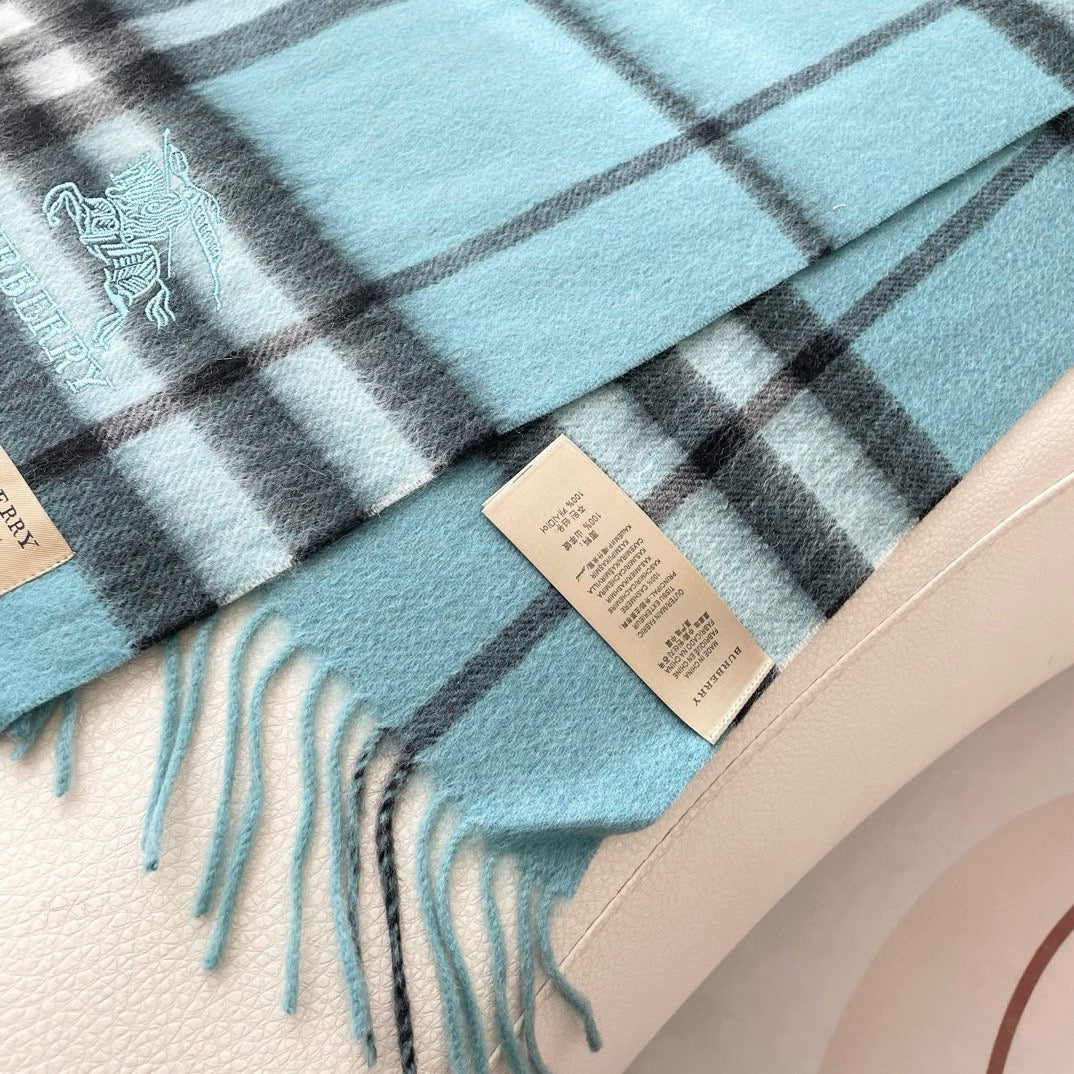 BURBERRY CHECK SCARF 180 CM IN SKY BLUE MIX BLACK CASHMERE 405484