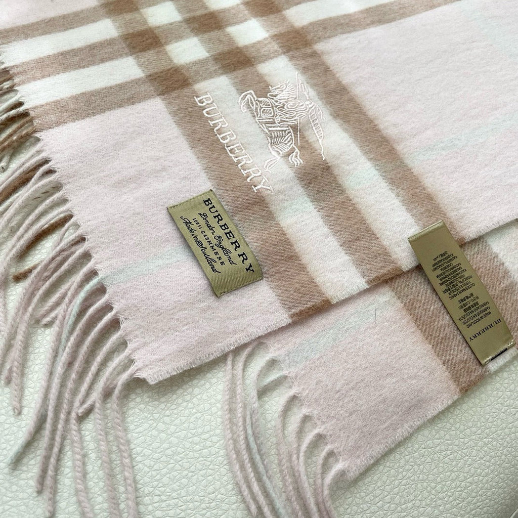 BURBERRY CHECK SCARF 180 CM IN SOFT PINK MIX BROWN CASHMERE 405488