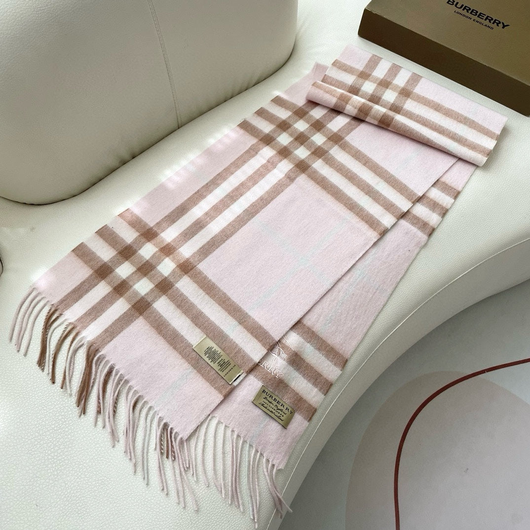 BURBERRY CHECK SCARF 180 CM IN SOFT PINK MIX BROWN CASHMERE 405488