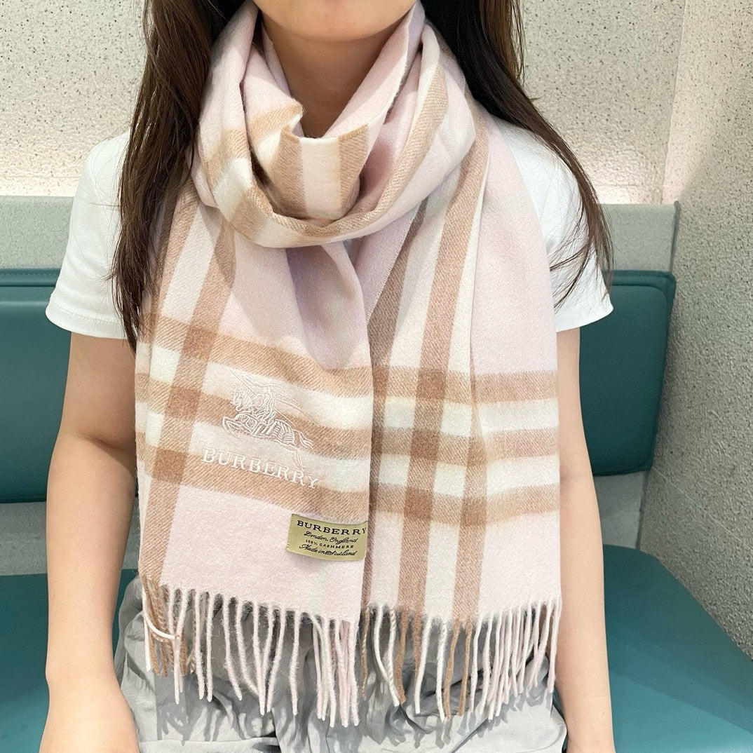 BURBERRY CHECK SCARF 180 CM IN SOFT PINK MIX BROWN CASHMERE 405488