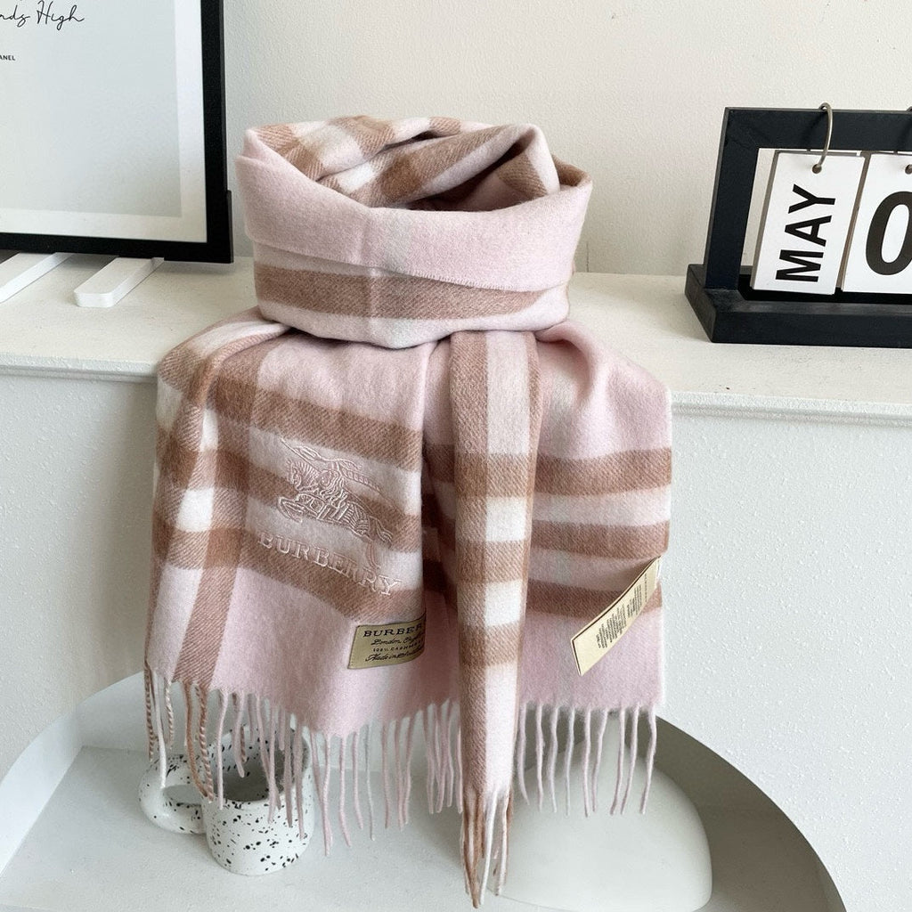 BURBERRY CHECK SCARF 180 CM IN SOFT PINK MIX BROWN CASHMERE 405488