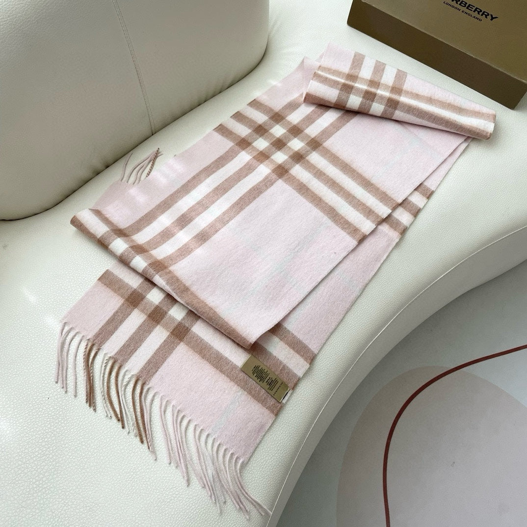 BURBERRY CHECK SCARF 180 CM IN SOFT PINK MIX BROWN CASHMERE 405488