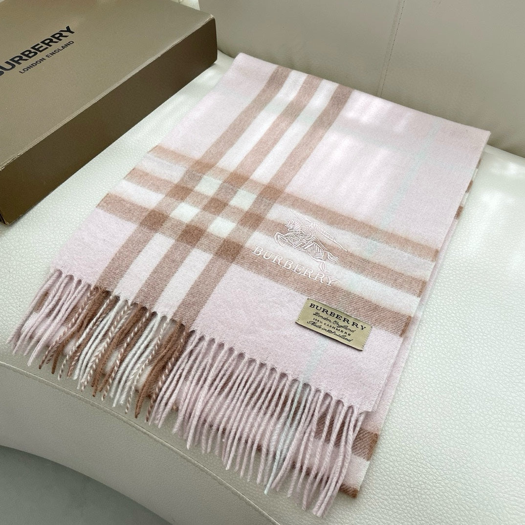BURBERRY CHECK SCARF 180 CM IN SOFT PINK MIX BROWN CASHMERE 405488