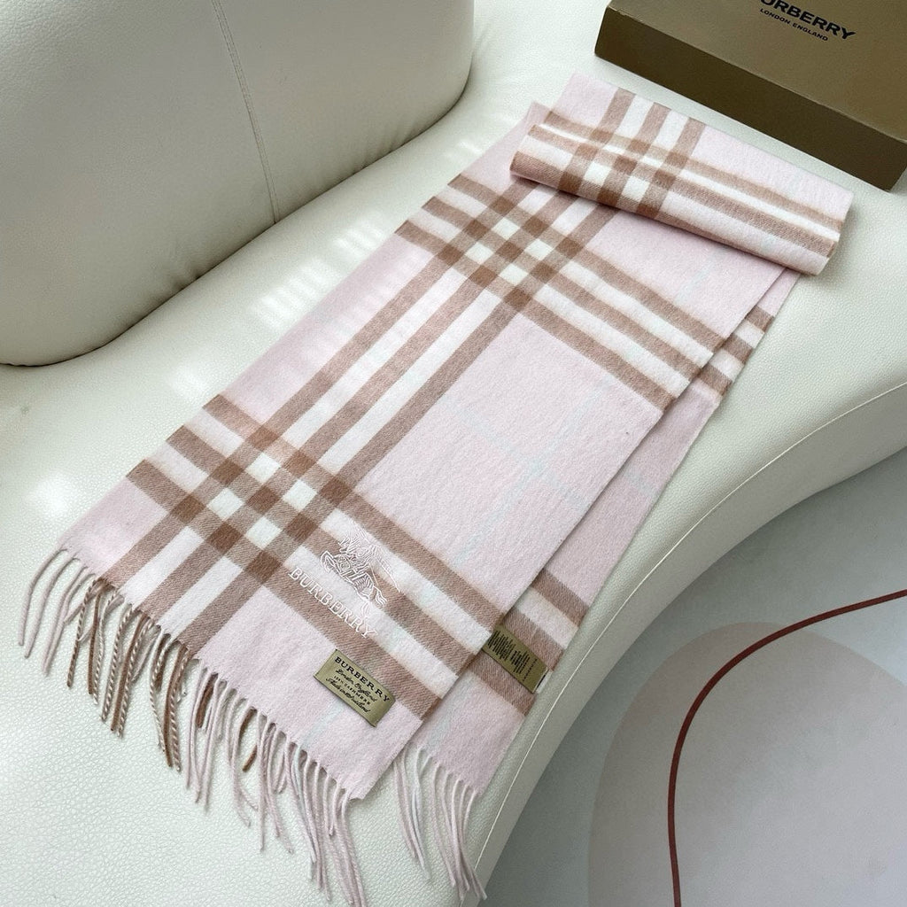BURBERRY CHECK SCARF 180 CM IN SOFT PINK MIX BROWN CASHMERE 405488