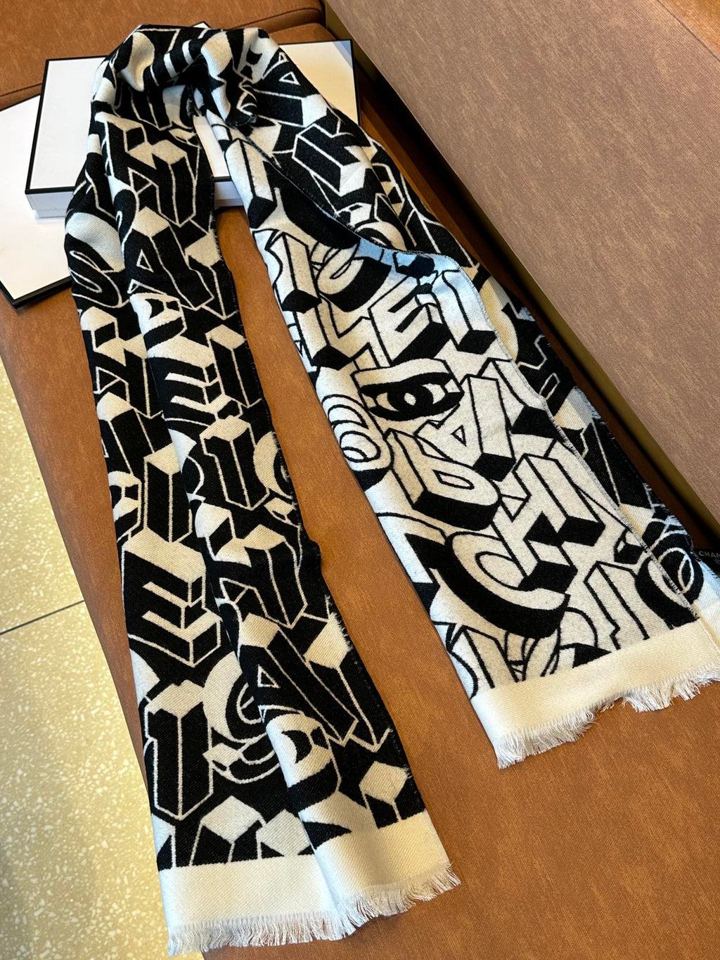 CHANEL LETTER LOGO 178 CM SCARF IN BLACK MIX WHITE SHEEP WOOL AND SILK  393103