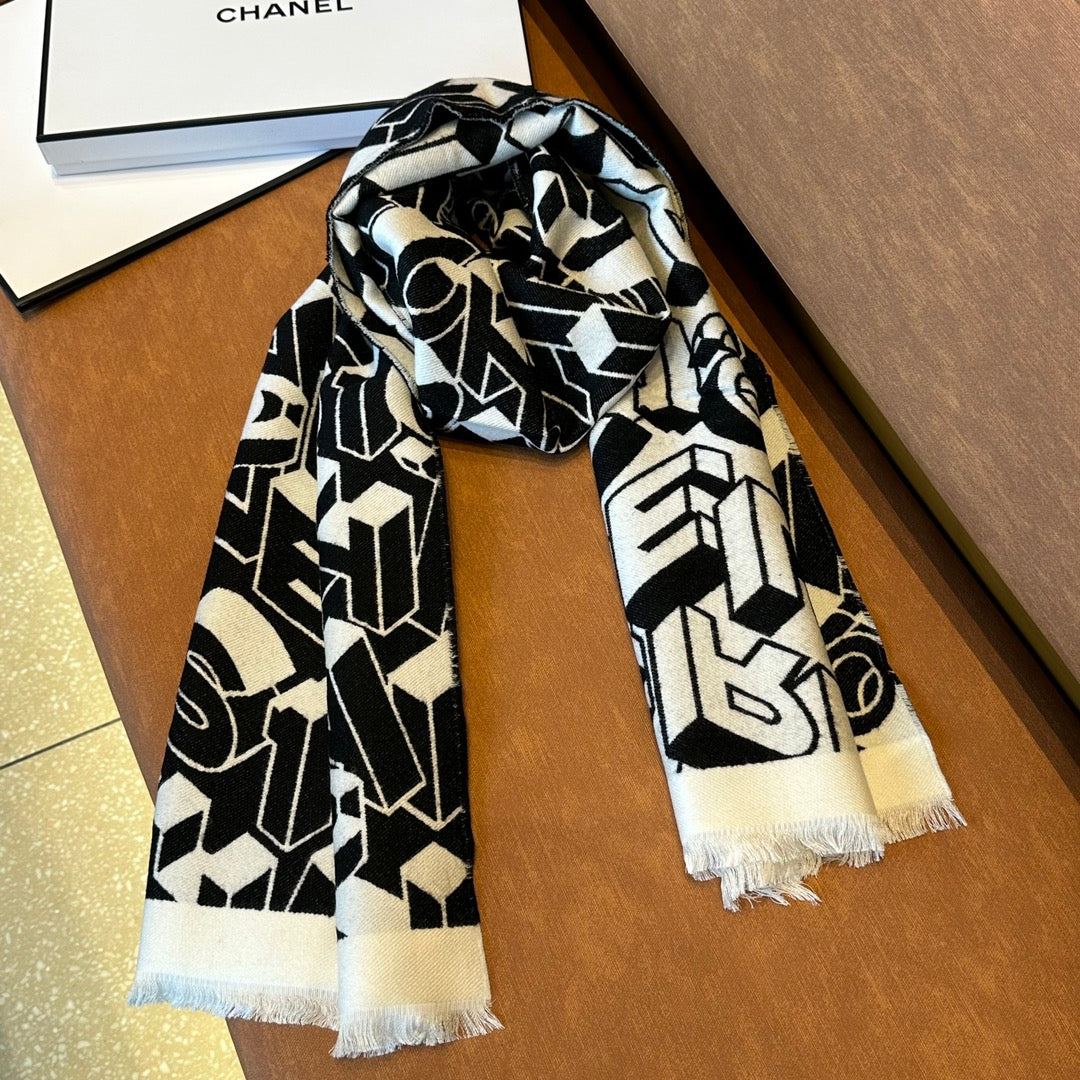 CHANEL LETTER LOGO 178 CM SCARF IN BLACK MIX WHITE SHEEP WOOL AND SILK  393103
