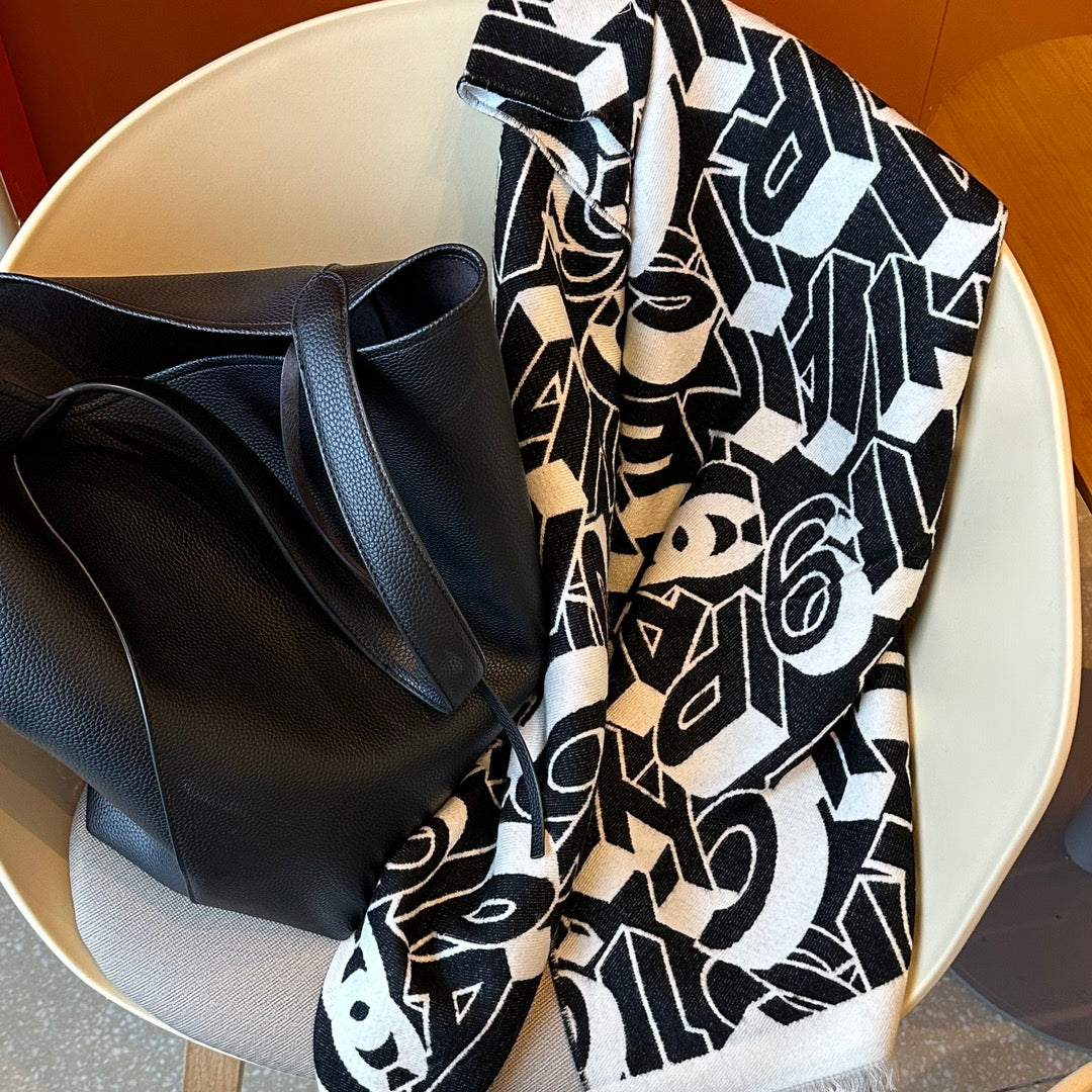 CHANEL LETTER LOGO 178 CM SCARF IN BLACK MIX WHITE SHEEP WOOL AND SILK  393103