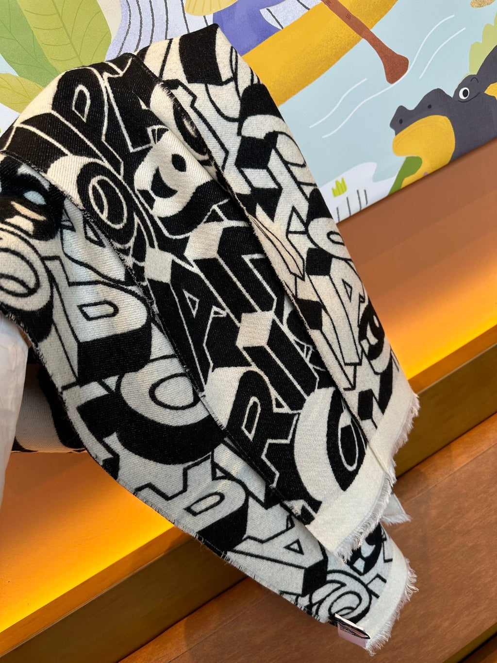 CHANEL LETTER LOGO 178 CM SCARF IN BLACK MIX WHITE SHEEP WOOL AND SILK  393103