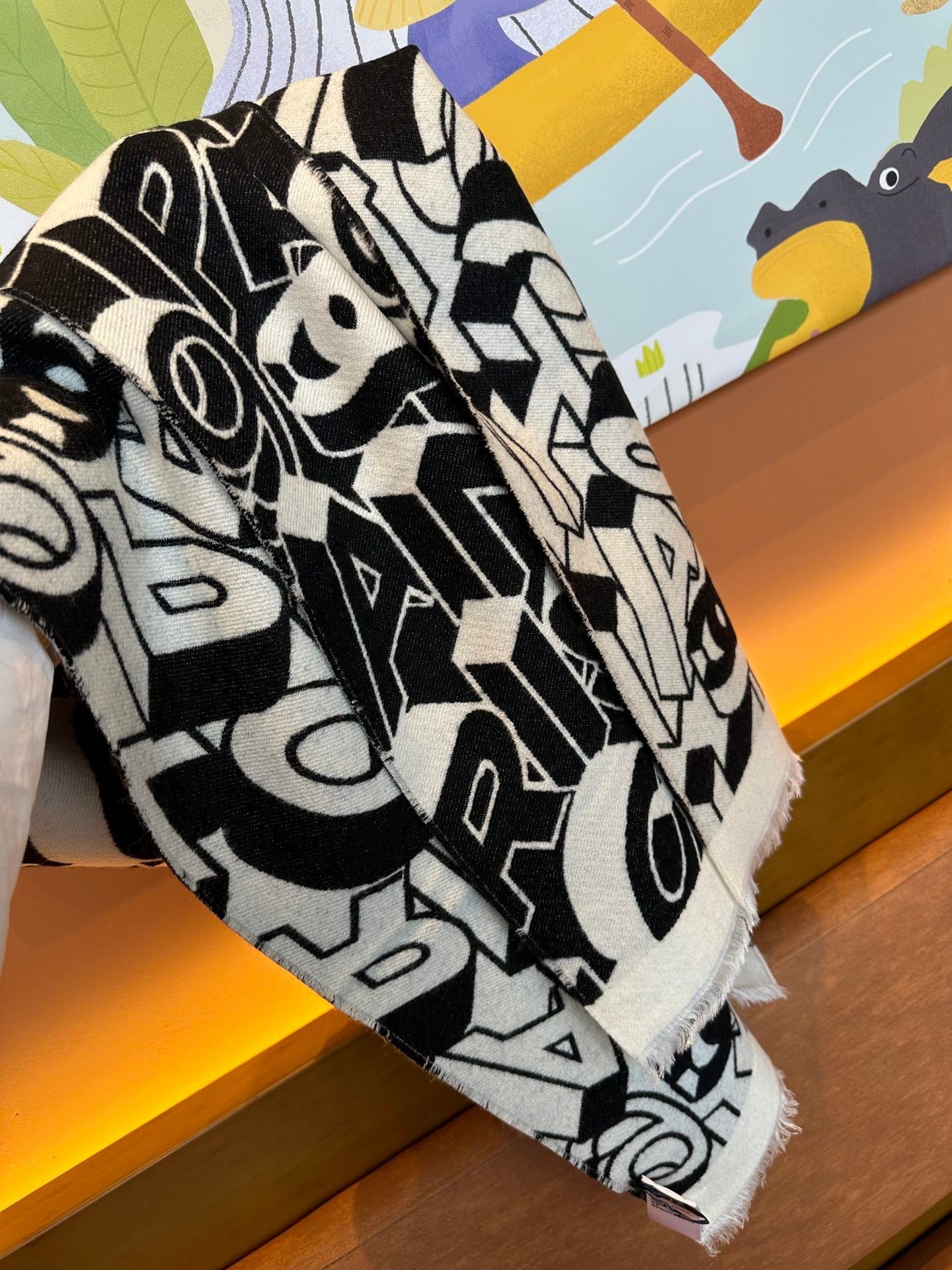 CHANEL LETTER LOGO 178 CM SCARF IN BLACK MIX WHITE SHEEP WOOL AND SILK  393103
