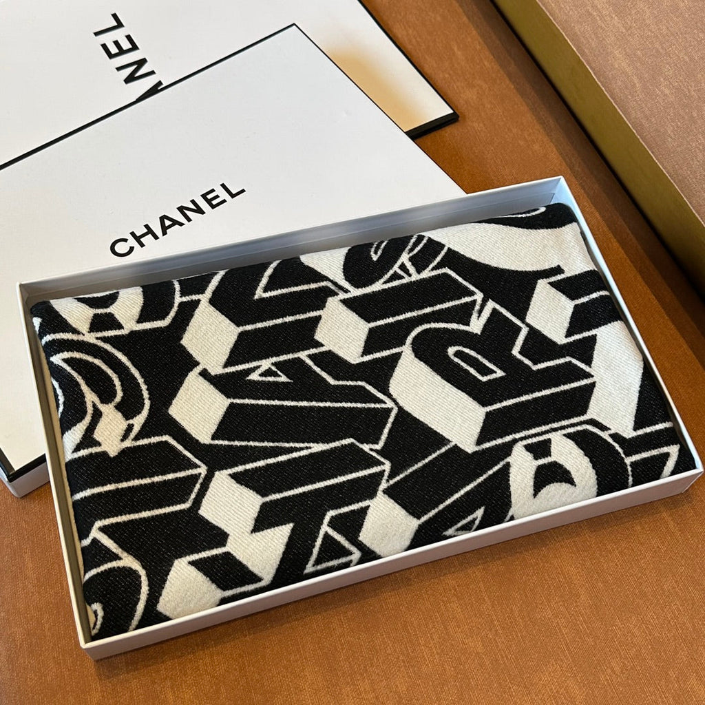 CHANEL LETTER LOGO 178 CM SCARF IN BLACK MIX WHITE SHEEP WOOL AND SILK  393103