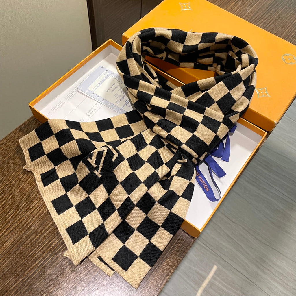 LOUIS VUITTON DAMIER SCARF 200 CM IN BLACK MIX TAN BEIGE CASHMERE 388194