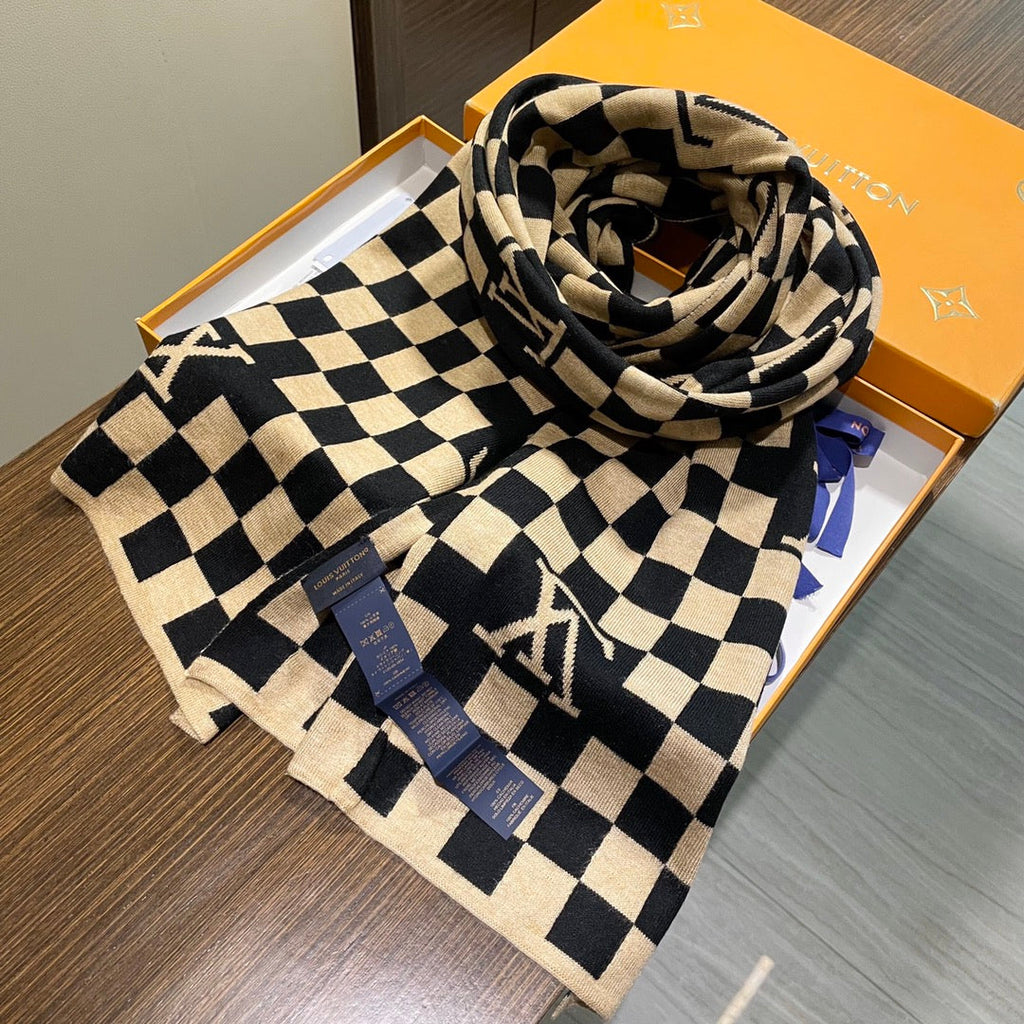 LOUIS VUITTON DAMIER SCARF 200 CM IN BLACK MIX TAN BEIGE CASHMERE 388194