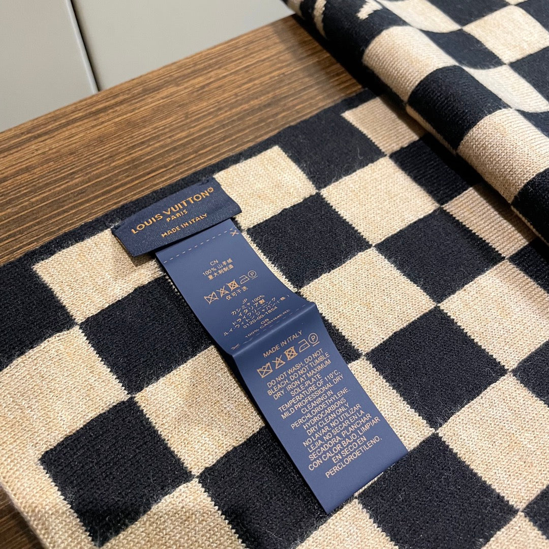 LOUIS VUITTON DAMIER SCARF 200 CM IN BLACK MIX TAN BEIGE CASHMERE 388194