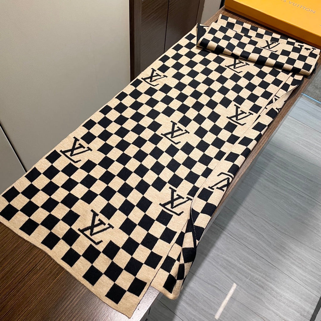 LOUIS VUITTON DAMIER SCARF 200 CM IN BLACK MIX TAN BEIGE CASHMERE 388194
