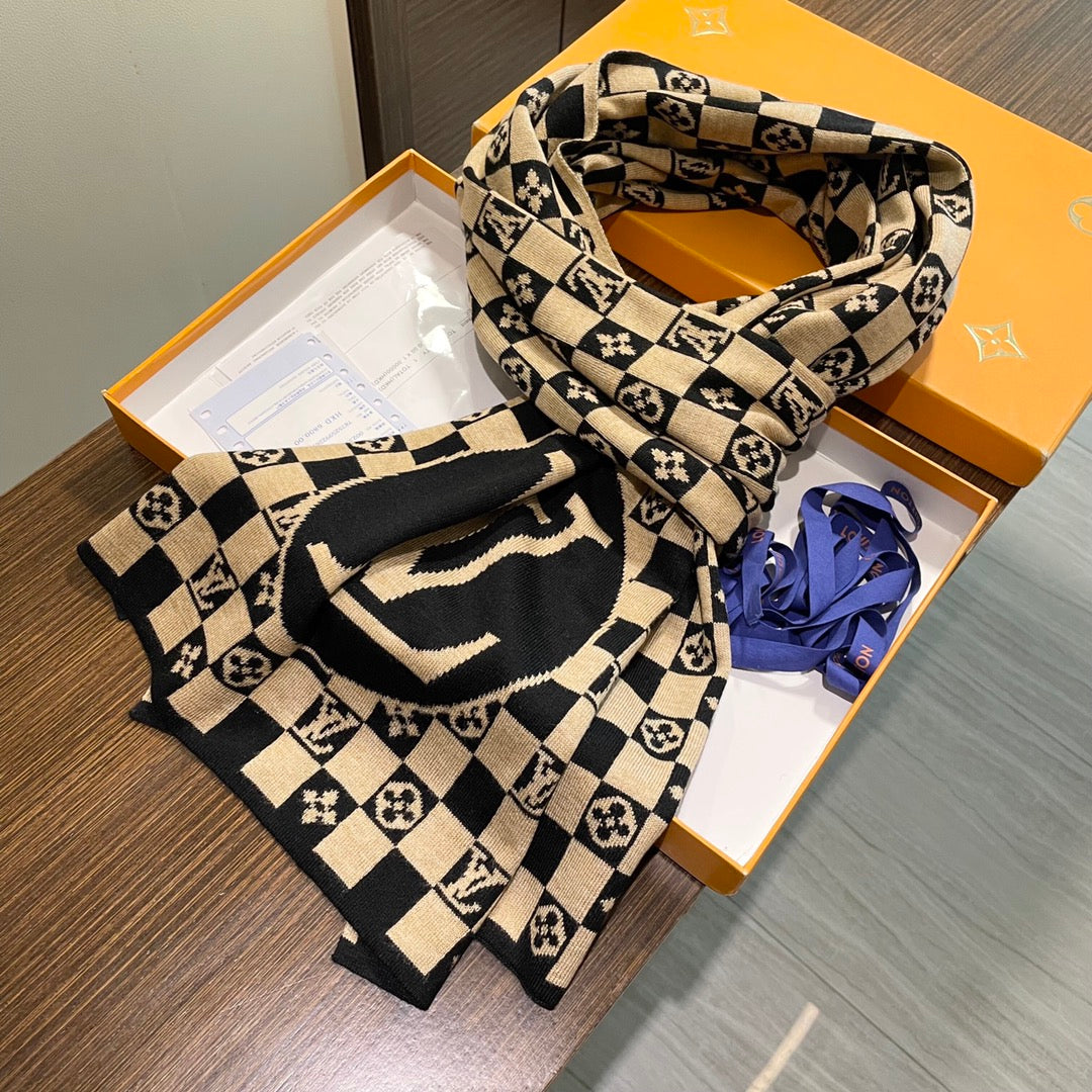 LOUIS VUITTON CLASSIC DAMIER SCARF 200 CM IN TORTILLA BROWN MIX BLACK CASHMERE 389749