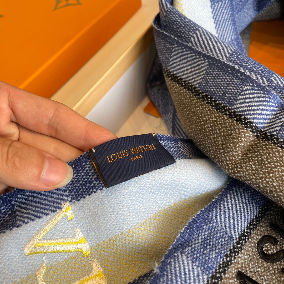 LOUIS VUITTON DAMIER SCARF 190 CM IN SAPPHIRE BLUE CASHMERE 391146