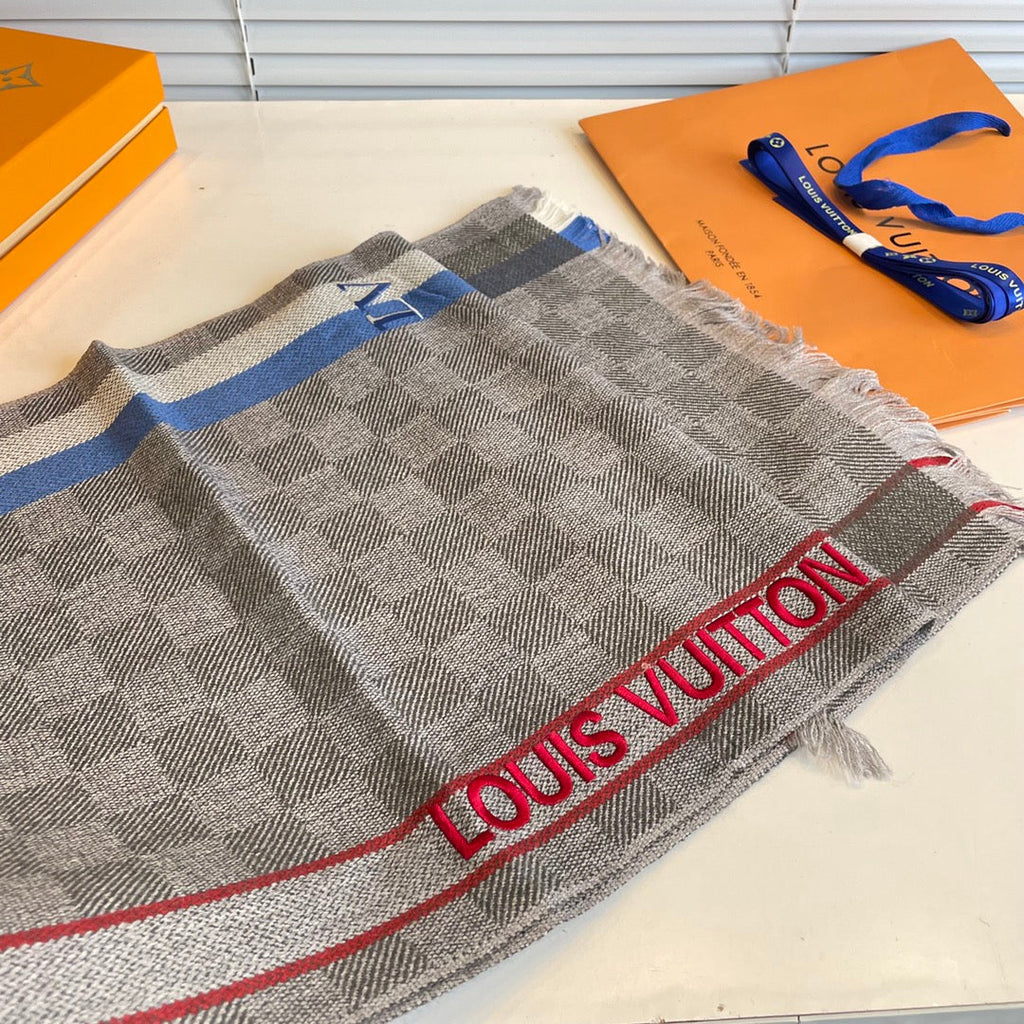 LOUIS VUITTON DAMIER SCARF 190 CM IN KHAKI BROWN CASHMERE 391147
