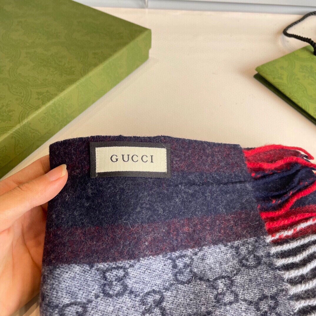 GUCCI STRIPED SCARF 200 CM IN DARK GRAY CASHMERE WITH EMBROIDERED BEE 398533