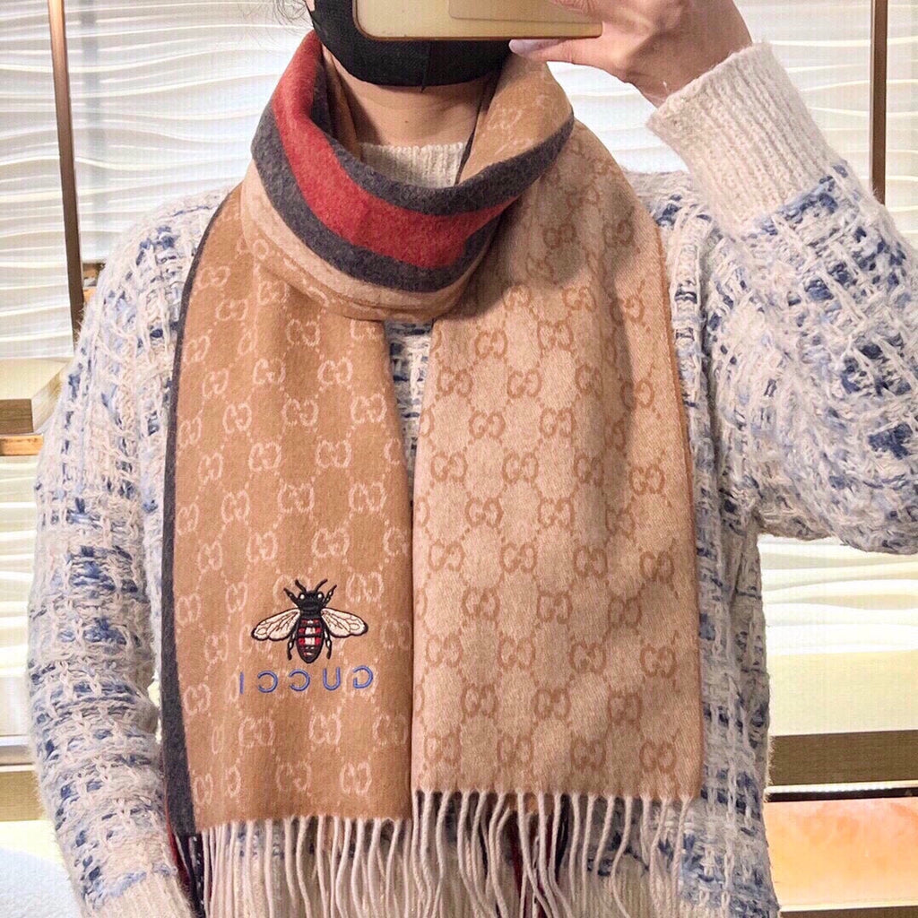 GUCCI STRIPED SCARF 200 CM IN TAWNY BROWN CASHMERE WITH EMBROIDERED BEE 398532