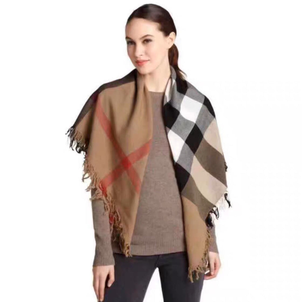 BURBERRY REVERSIBLE CHECK 140 CM WOOL SILK SCARF CAMEL BEIGE 408964