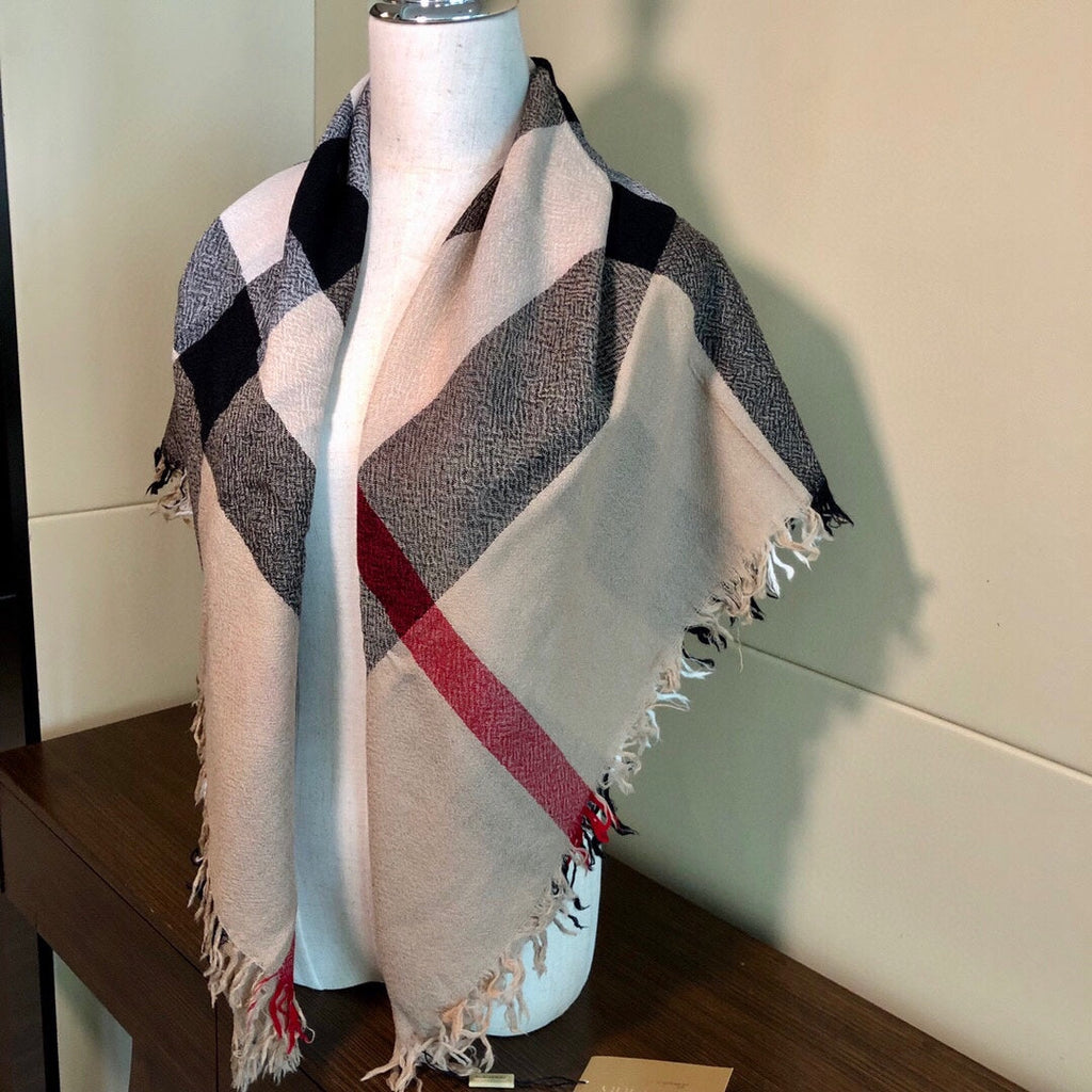 BURBERRY REVERSIBLE CHECK 140 CM WOOL SILK SCARF CAMEL BEIGE 408964