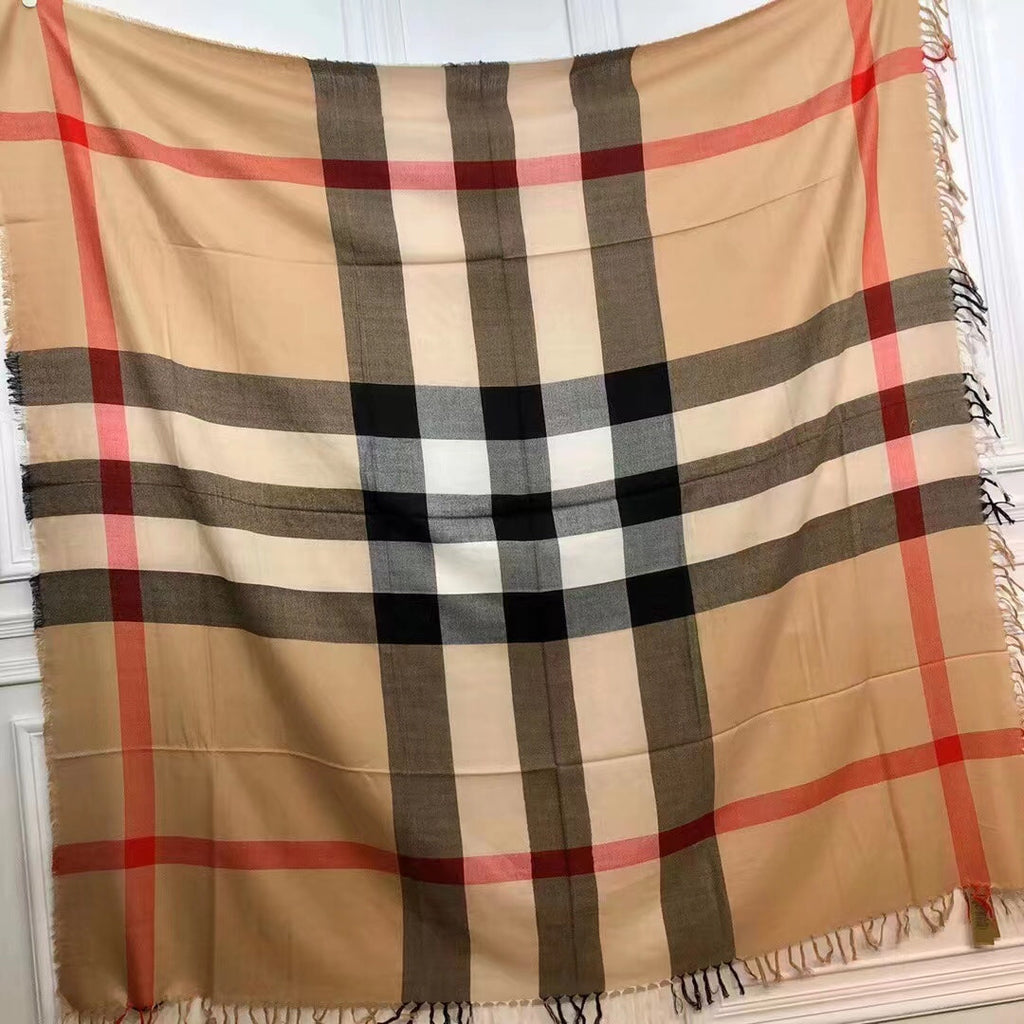 BURBERRY REVERSIBLE CHECK 140 CM WOOL SILK SCARF CAMEL BEIGE 408964