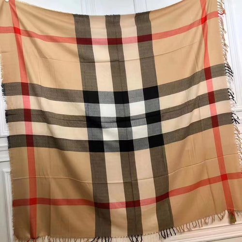 BURBERRY REVERSIBLE CHECK 140 CM WOOL SILK SCARF CAMEL BEIGE 408964