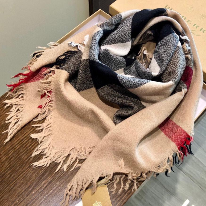 BURBERRY REVERSIBLE CHECK 140 CM WOOL SILK SCARF CAMEL BEIGE 408964