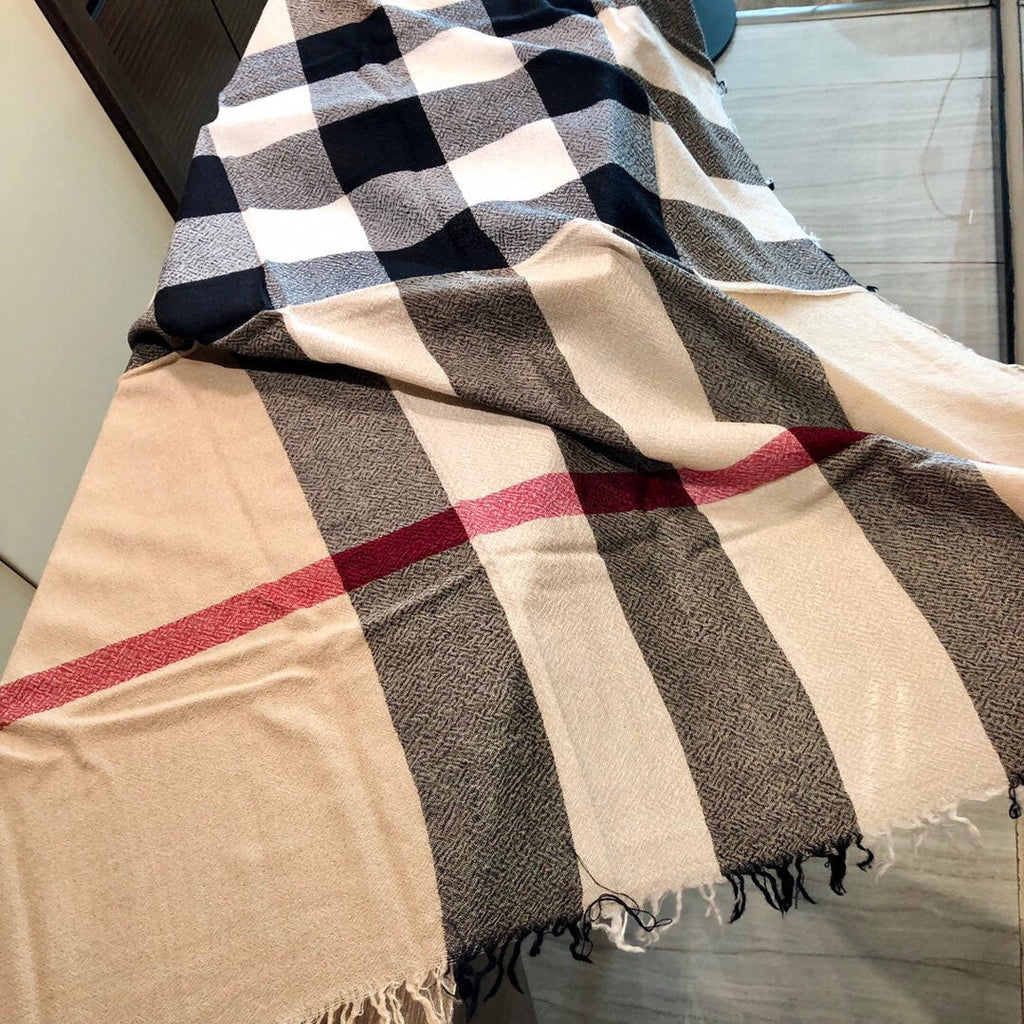 BURBERRY REVERSIBLE CHECK 140 CM WOOL SILK SCARF CAMEL BEIGE 408964