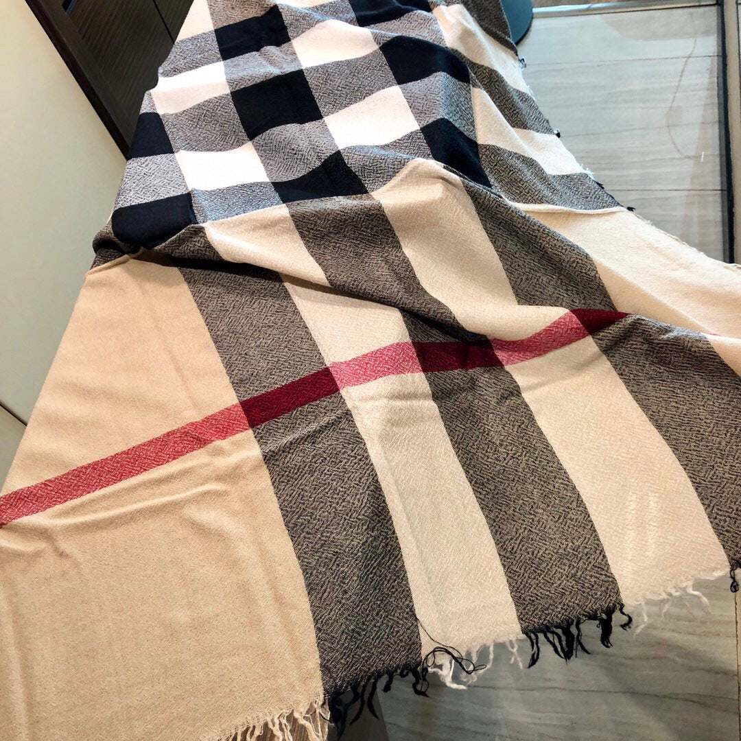 BURBERRY REVERSIBLE CHECK 140 CM WOOL SILK SCARF CAMEL BEIGE 408964