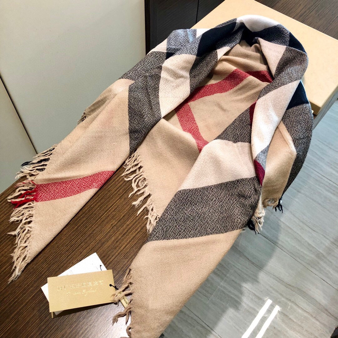 BURBERRY REVERSIBLE CHECK 140 CM WOOL SILK SCARF CAMEL BEIGE 408964