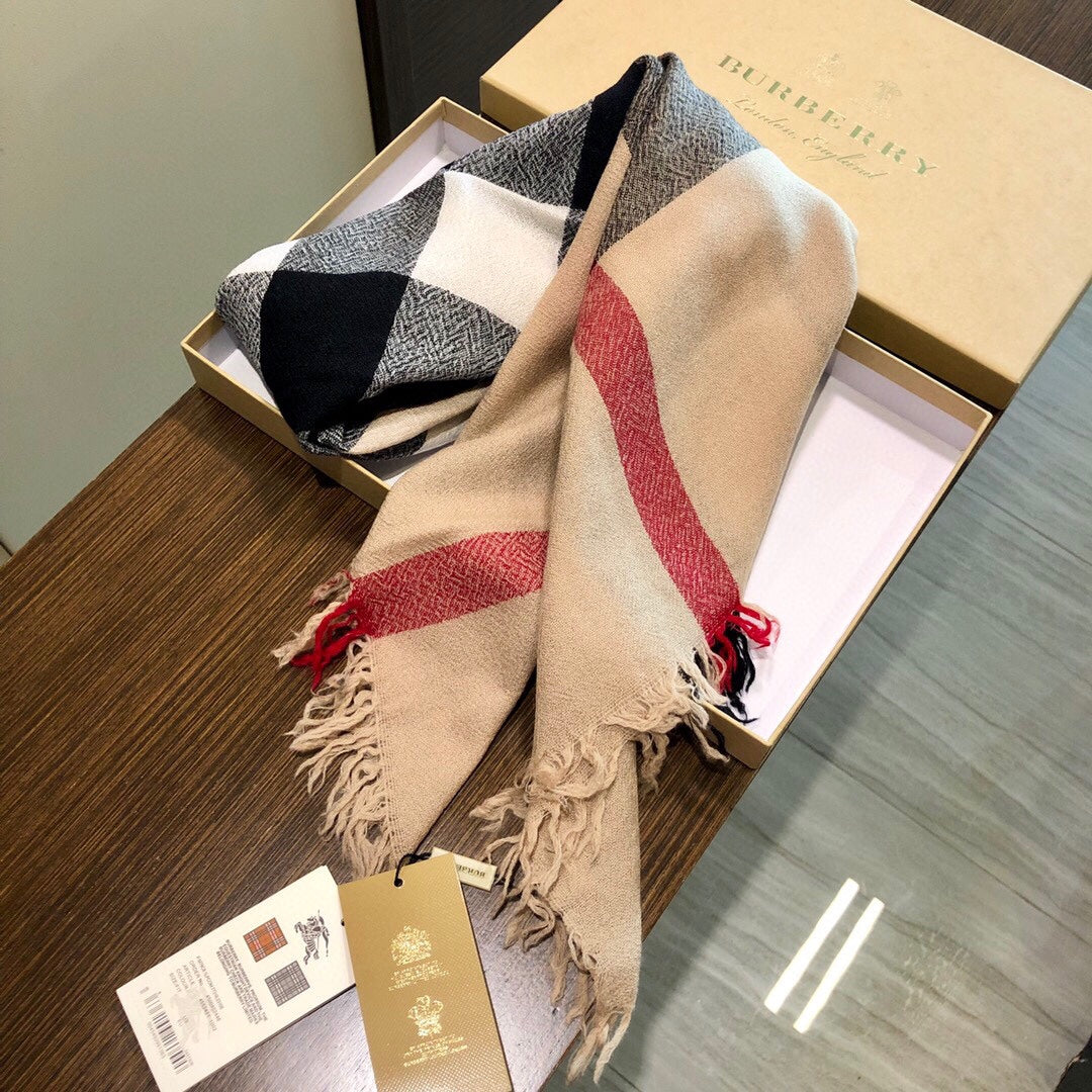 BURBERRY REVERSIBLE CHECK 140 CM WOOL SILK SCARF CAMEL BEIGE 408964