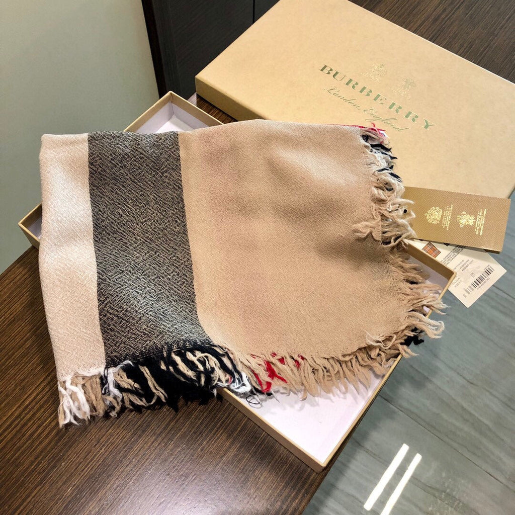 BURBERRY REVERSIBLE CHECK 140 CM WOOL SILK SCARF CAMEL BEIGE 408964