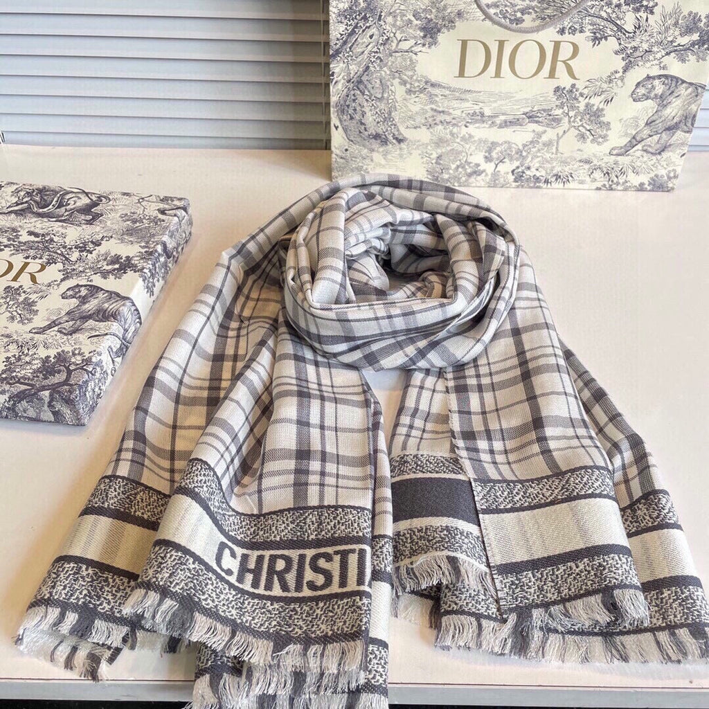 DIOR SCARF 200 CM IN BLACK MIX WHITE CASHMERE AND SILK 418334