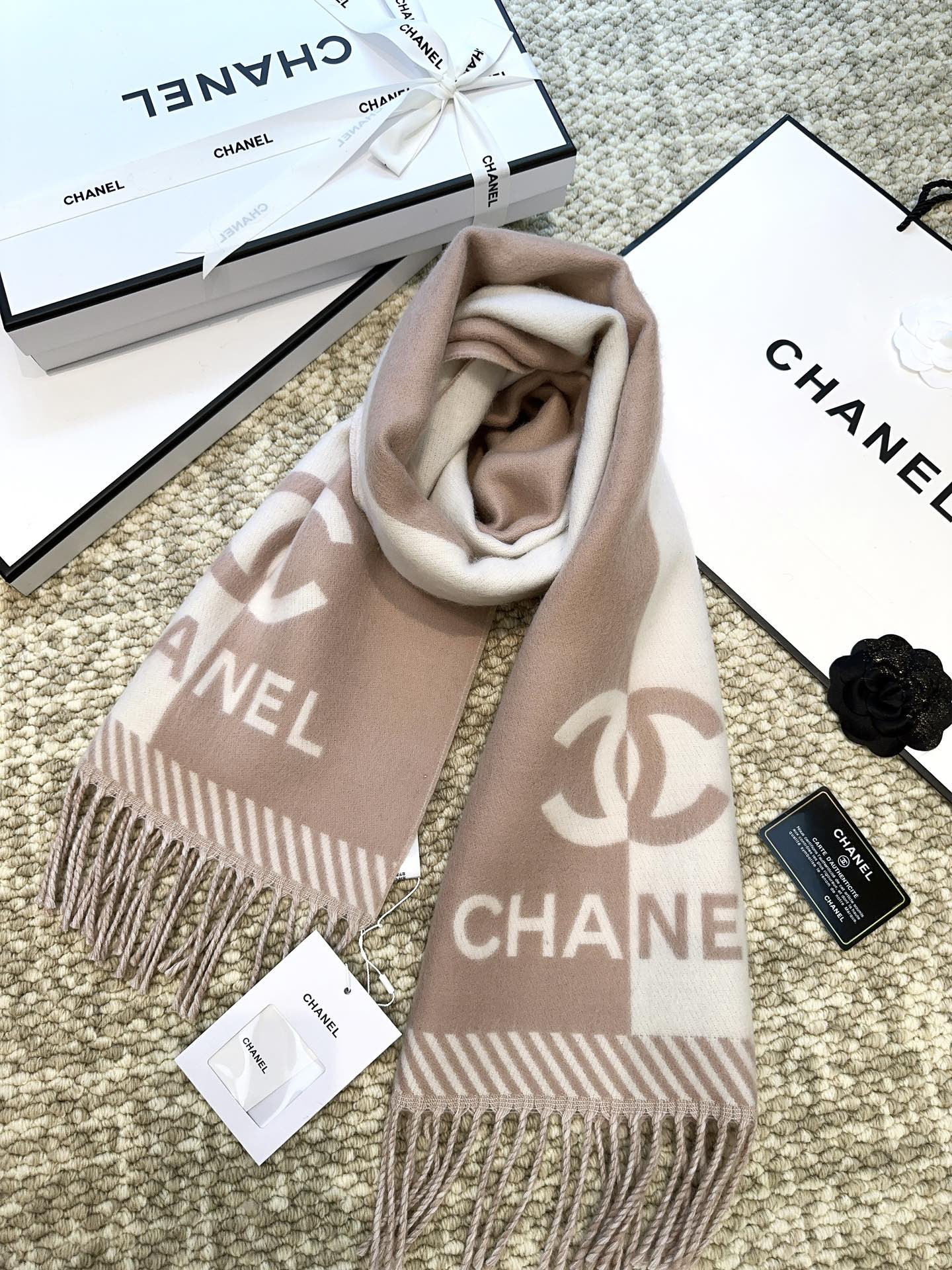 CHANEL SCARF 184 CM IN ROSY BROWN MIX WHITE MERINO WOOL 393119
