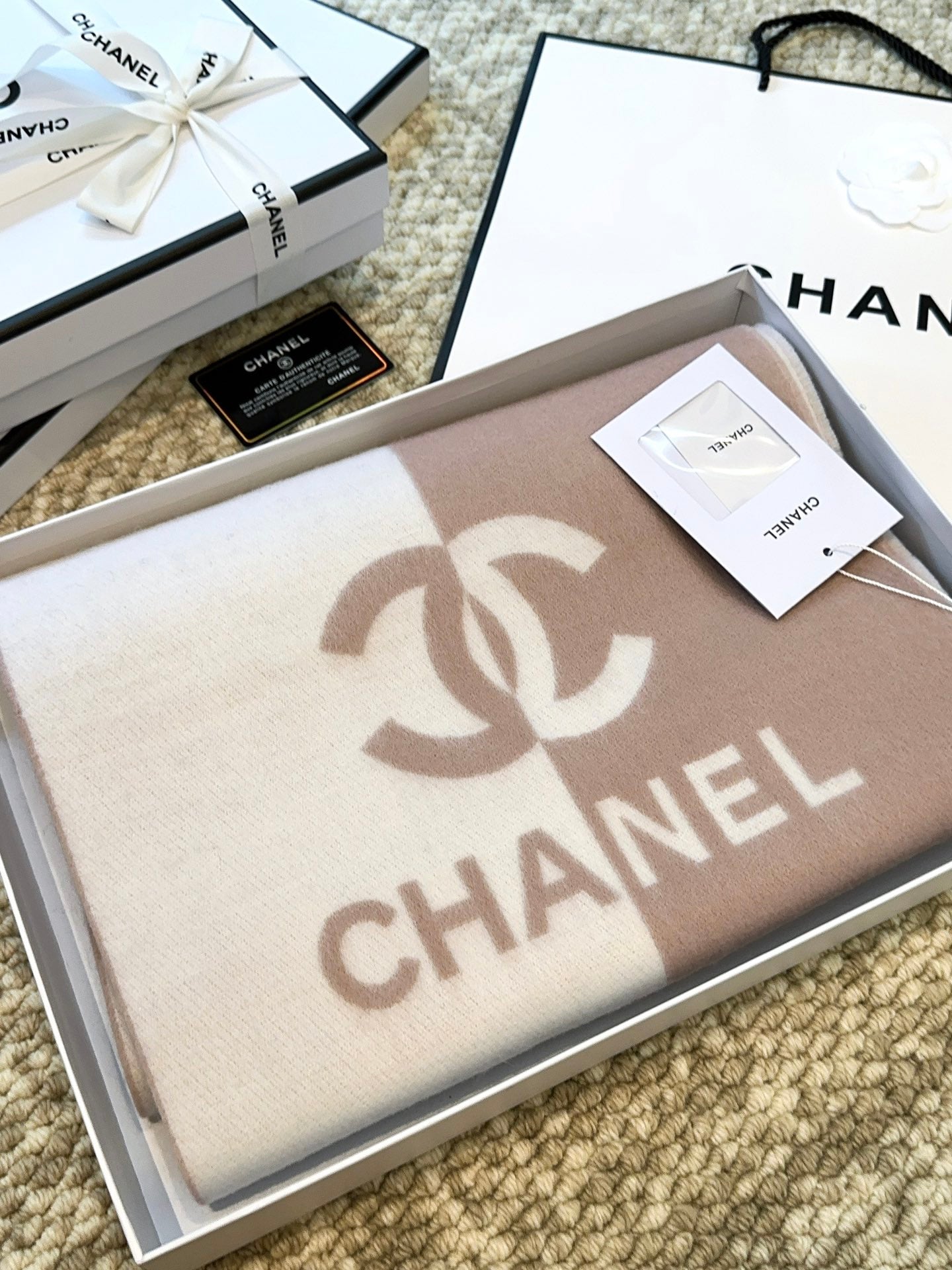 CHANEL SCARF 184 CM IN ROSY BROWN MIX WHITE MERINO WOOL 393119