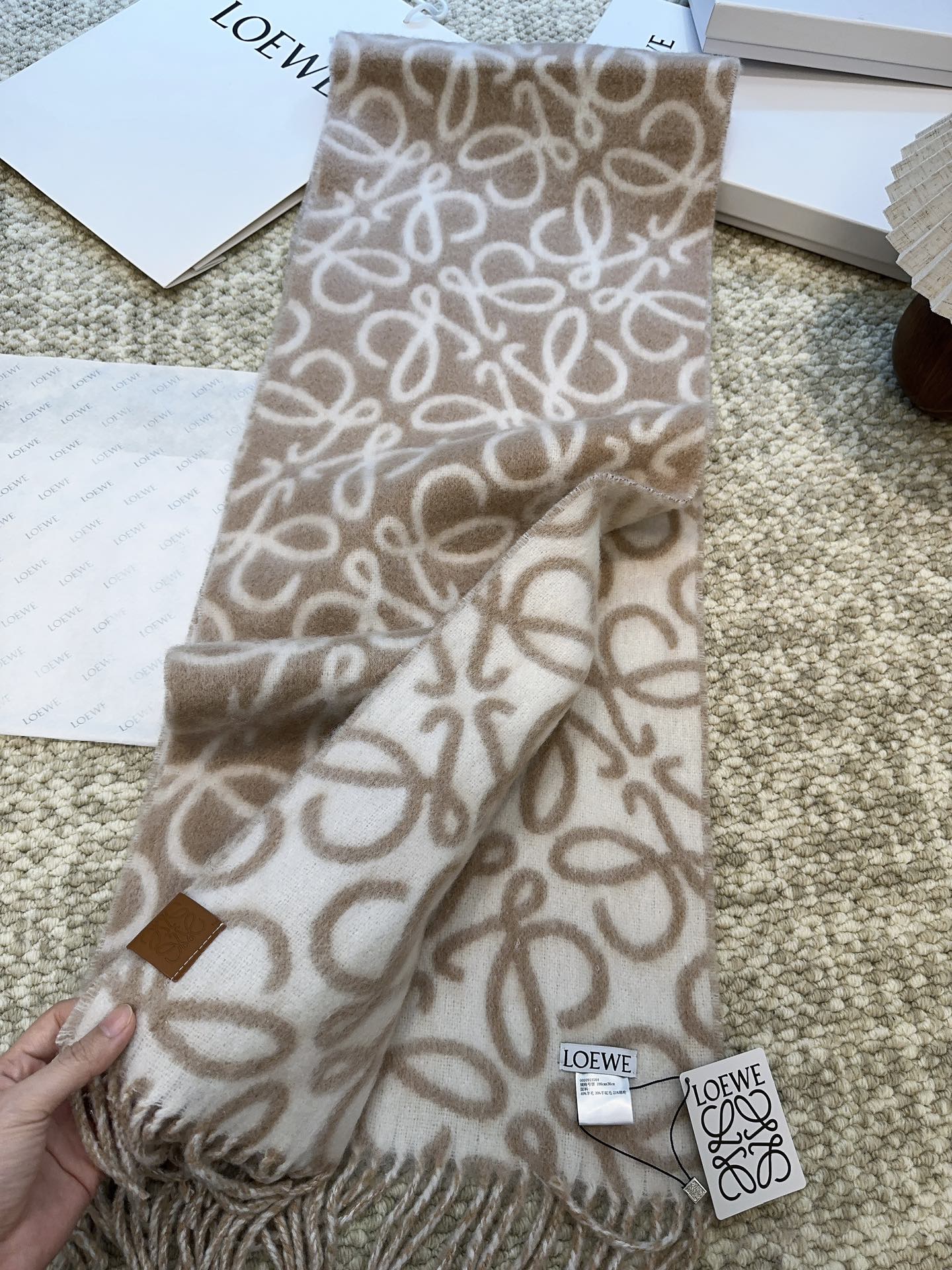 LOEWE SCARF 186 CM IN CAMEL BEIGE MIX WHITE ALPACA AND WOOL 403822